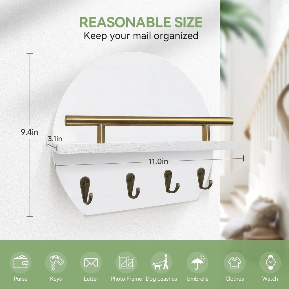 Wall Mount Key Holder Mail Organizer Shelf 4 Hooks Semicircle Rustic Decor