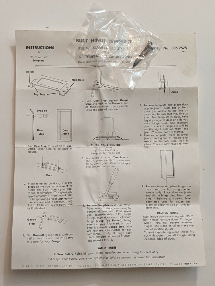 Vintage Sears Craftsman Butt Hinge Template 9-2575 Hardware