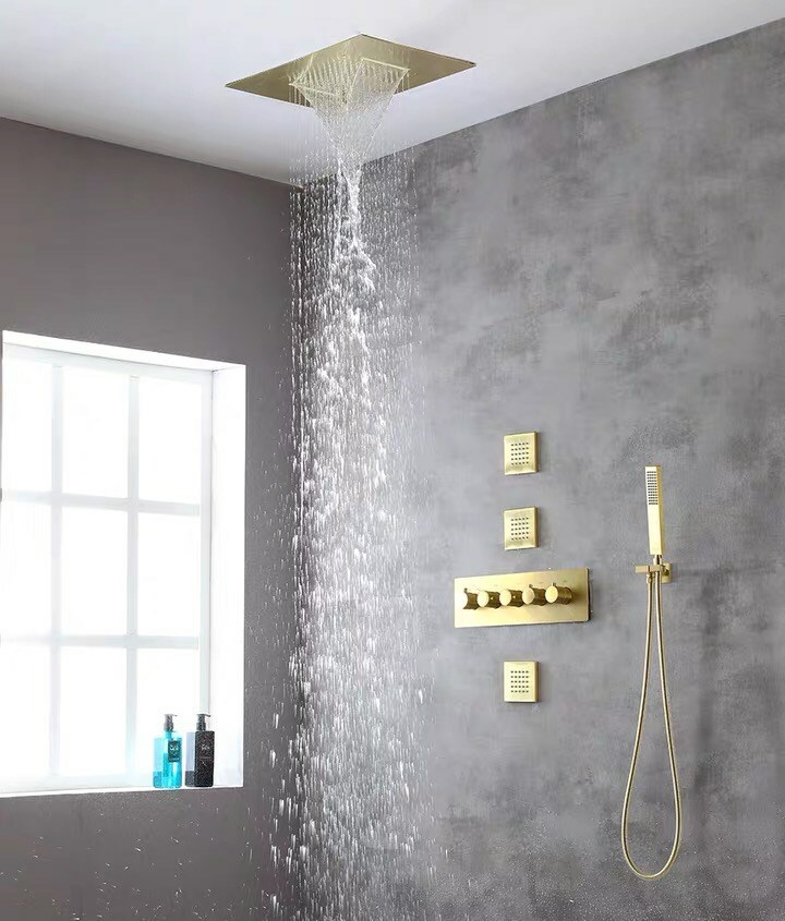 Thermostatic Brass Rectangular Shower System With 3 PCS Body Jets Brushed Gold