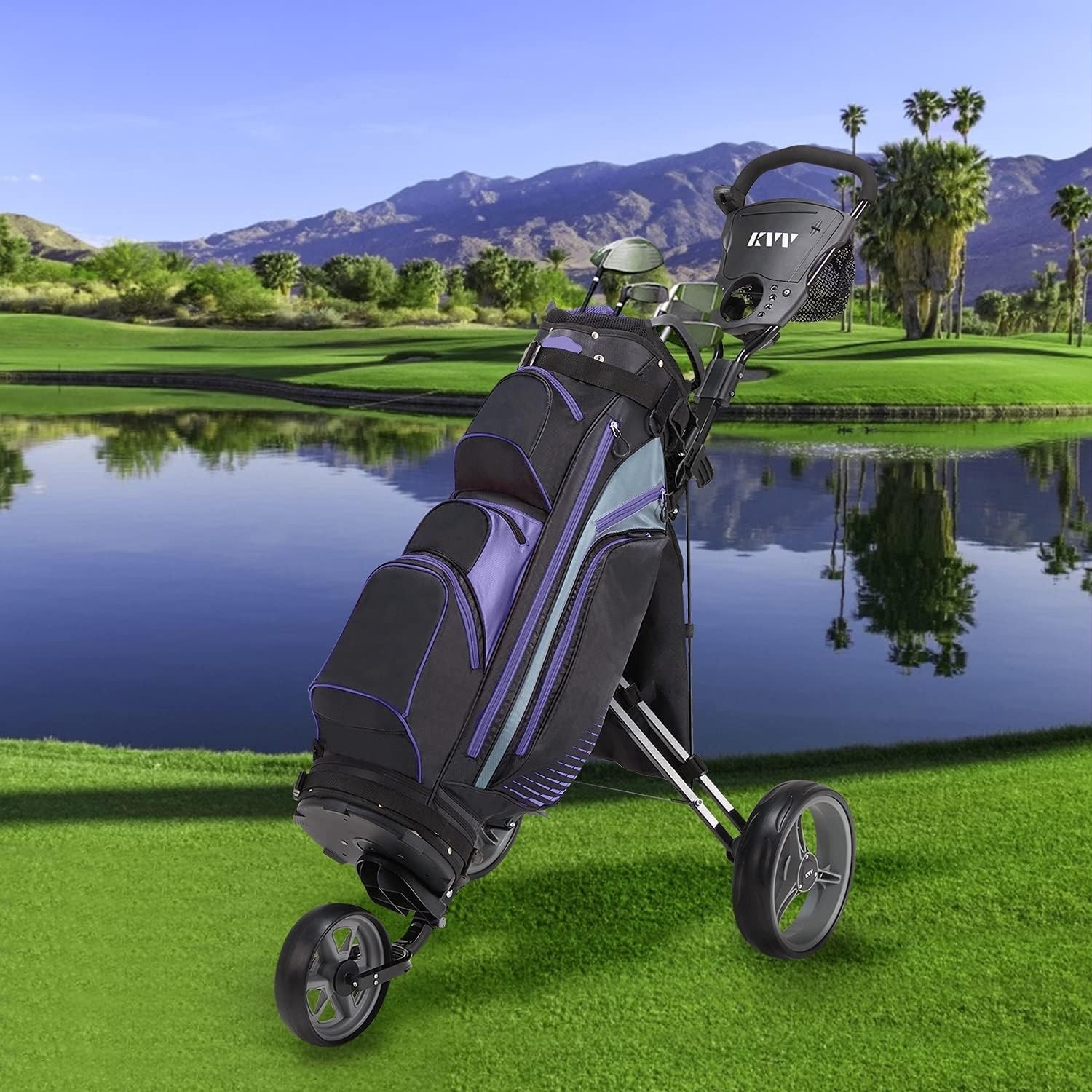 KVV Foldable Lightweight 3 Wheel Golf Cart with Stylish Scorecard Holder