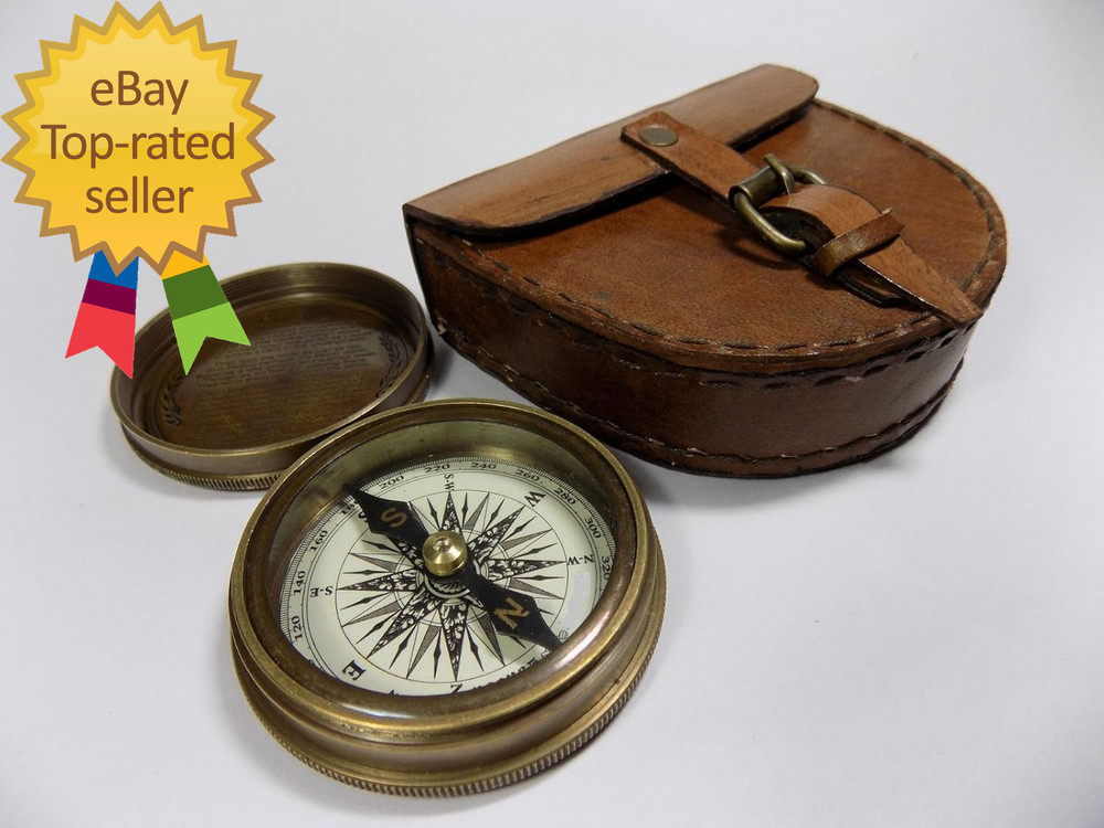 Authentic Vintage Style Brass Pocket Compass with Leather Case Rustic Vintage