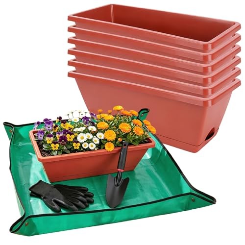 7 Pack Window Box Planters, 17 Inch Plastic Rectangular Flower Pots Brick-red