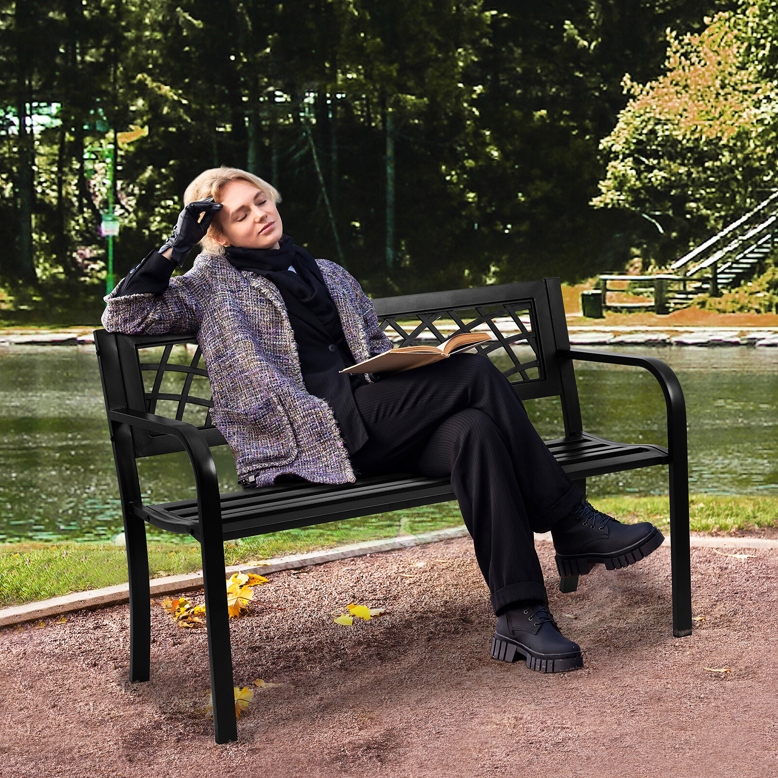 VEVOR Outdoor Bench 46 in Metal Garden Bench 480 lbs Park Patio Yard Porch Bench