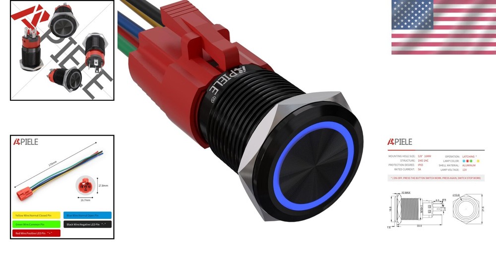 12V Waterproof Latching Push Button Switch - 16mm Size with LED Angel Eye