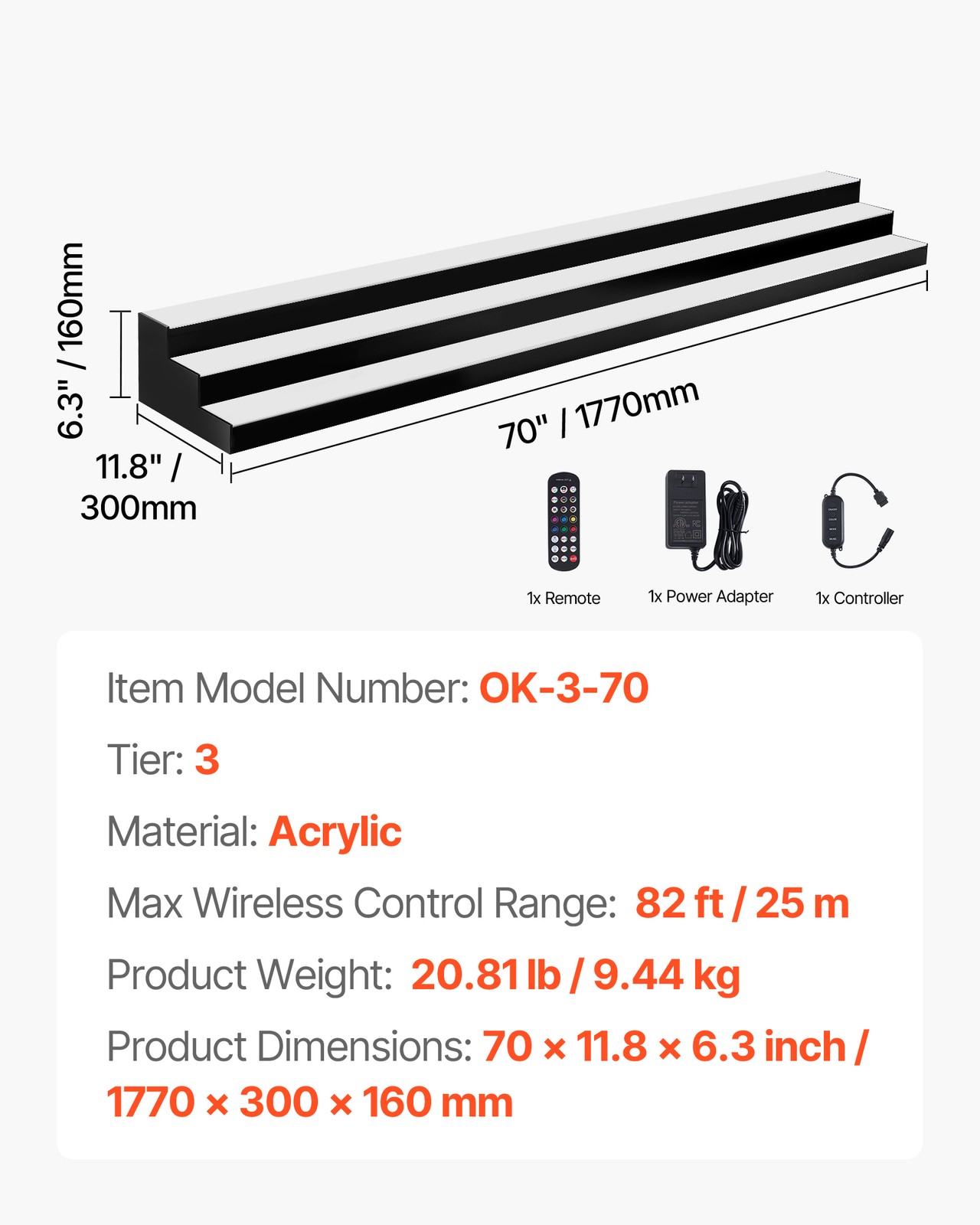 VEVOR LED Lighted Liquor Bottle Display 3-Tier 70 Inches for 52 Bottles
