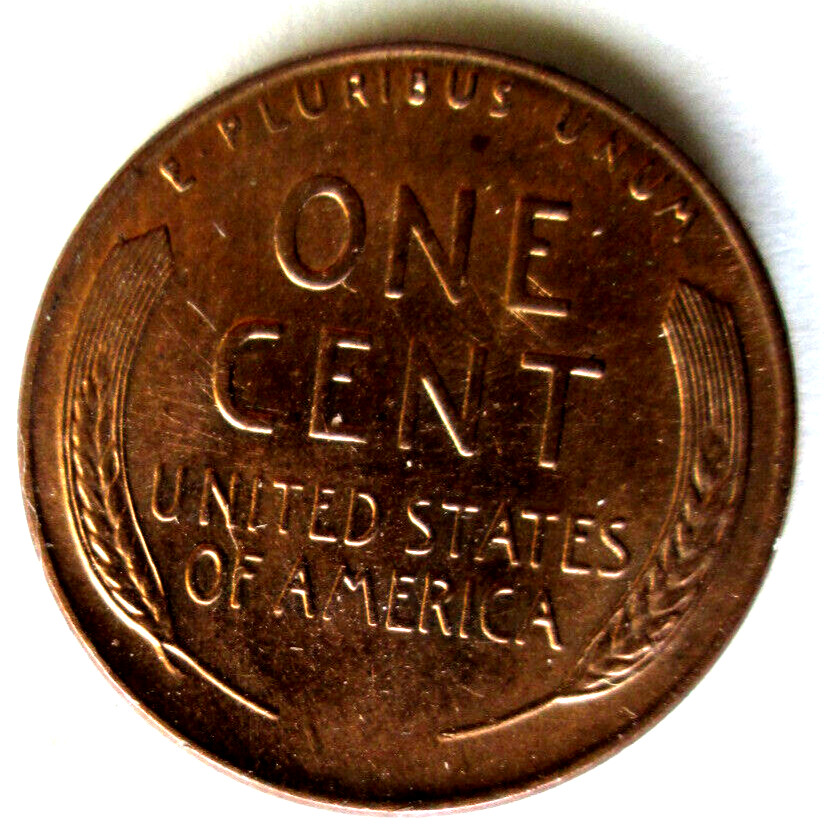 1957-D WHEAT, REVERSE DIE CRACK ERROR BOTTOM LEFT STALK, MS++, RED, CIRCULATED