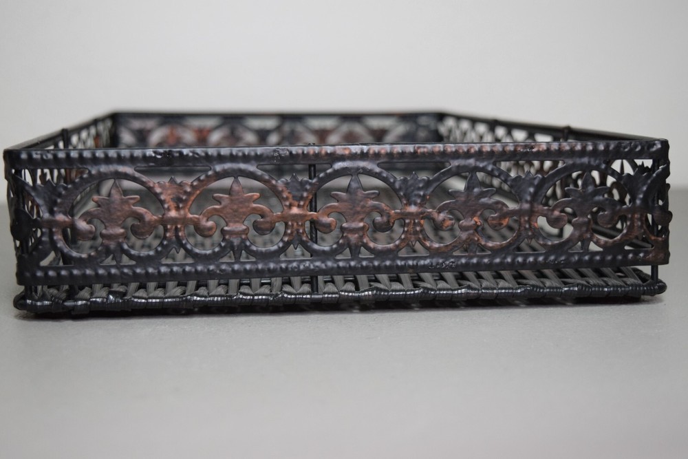 Wicker And Metal Serving Tray Fleur de Li Pattern