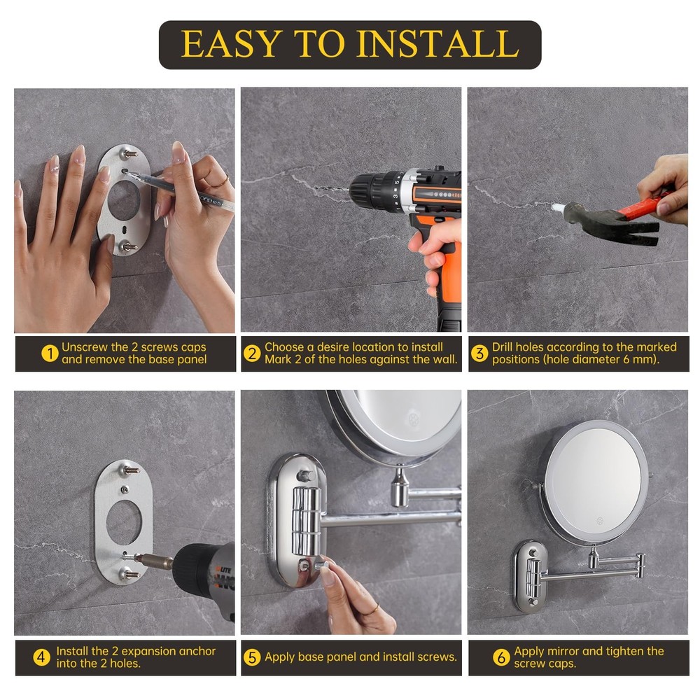 FUNTOUCH Rechargeable Wall Mounted Makeup Mirror with Lights,5000mAh Double Side