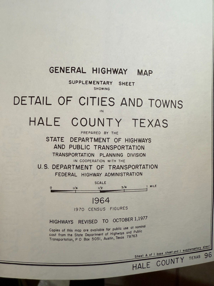 1964 Texas HALE County General Highway Map 18" x 25" Folded USDOT 2 Plainview