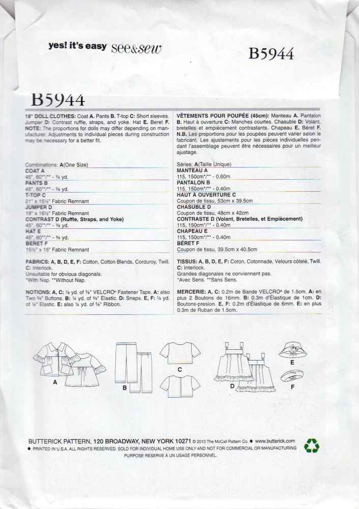 Sewing Pattern See & Sew 5944 18" Doll Clothes