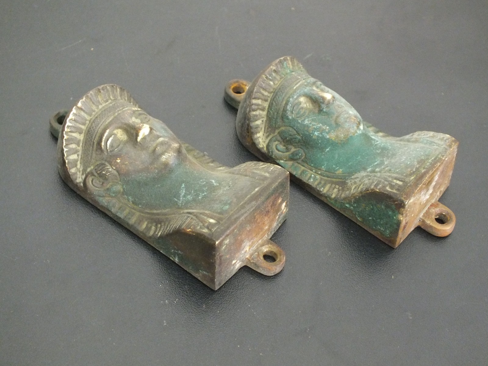 PAIR VINTAGE BRASS SPHINX EGYPTIAN MOUNTS ORMOLU HARDWARE FURNITURE MOUNT