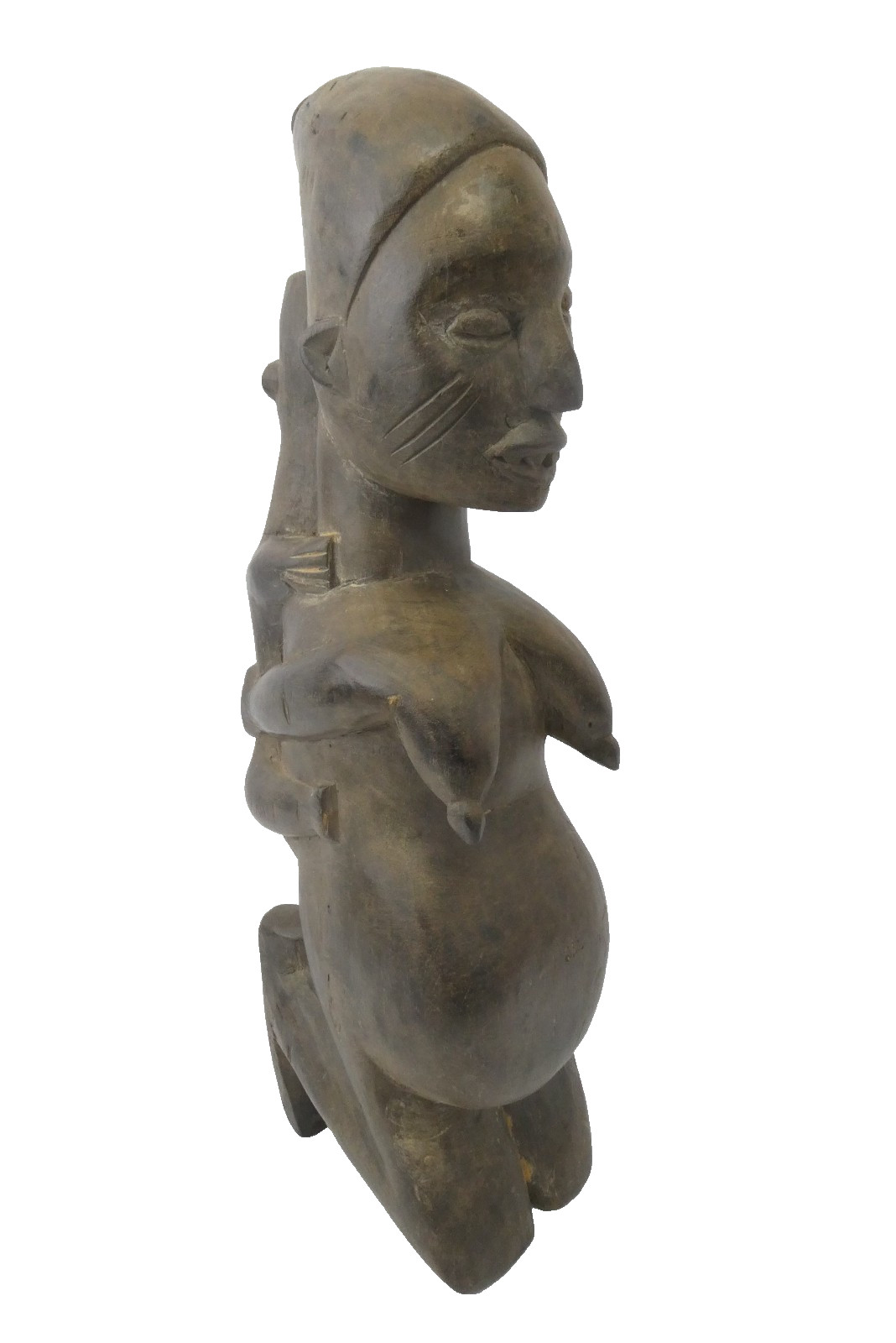 African Carved Wood Fertility Figure Mother & Child Sculpture 15.75"