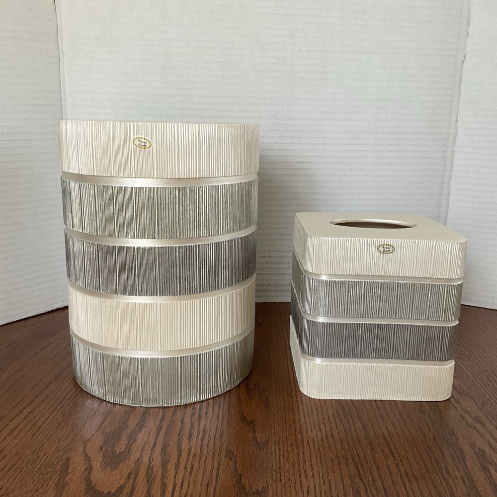 Modern Line “Grey” Waste Basket & Tissue Box  Set by Popular Bath