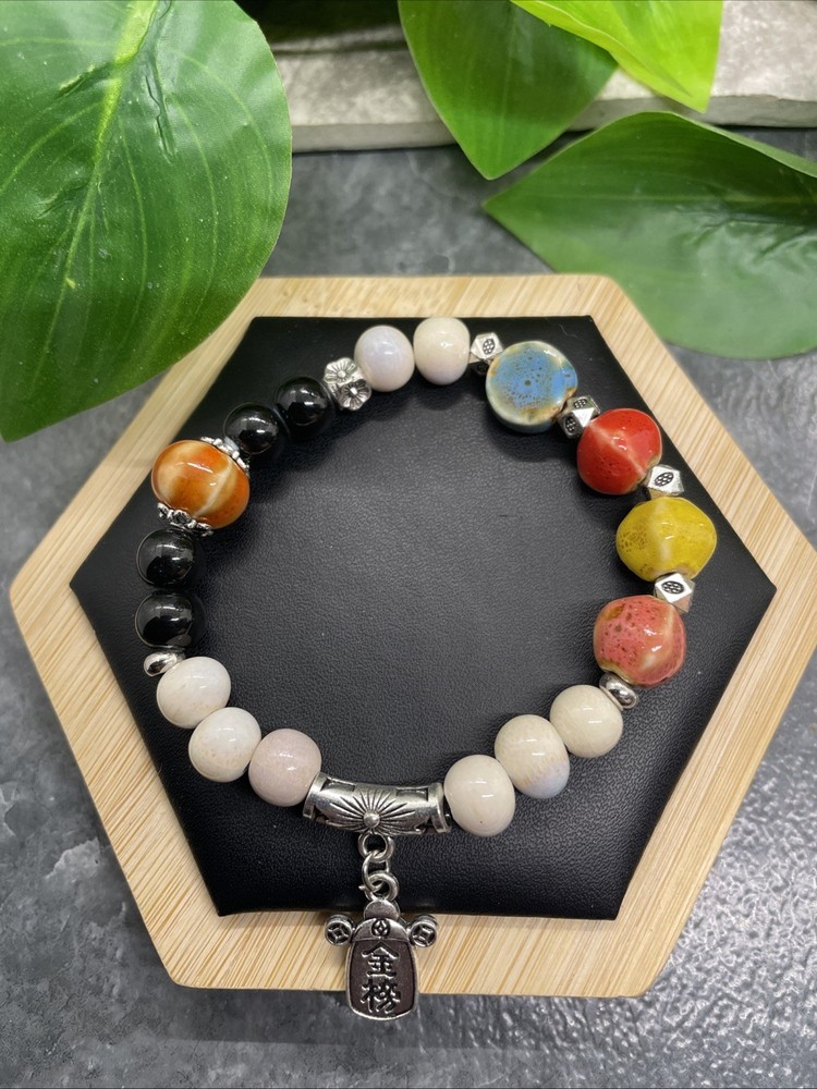 Handmade Ceramic Bead Beaded Stackable 6.5” Plus Stretch Bracelet New B322