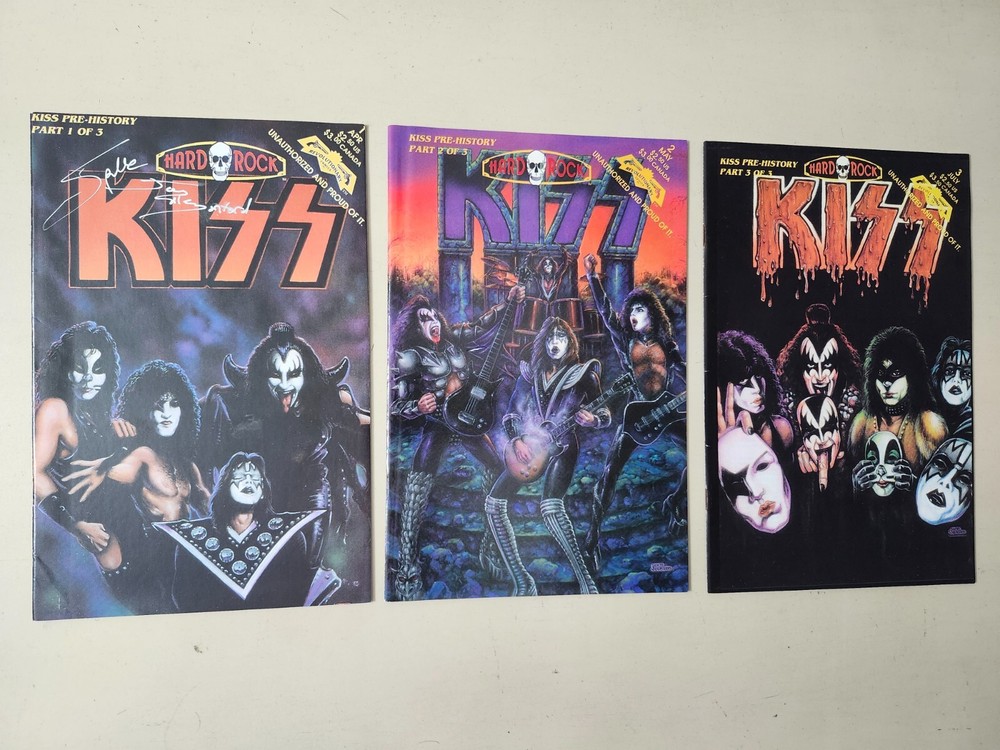 KISS SIGNED AUTO Rock Hard Comics Pre History 1, 2 + 3 Unauthorized Comic Books