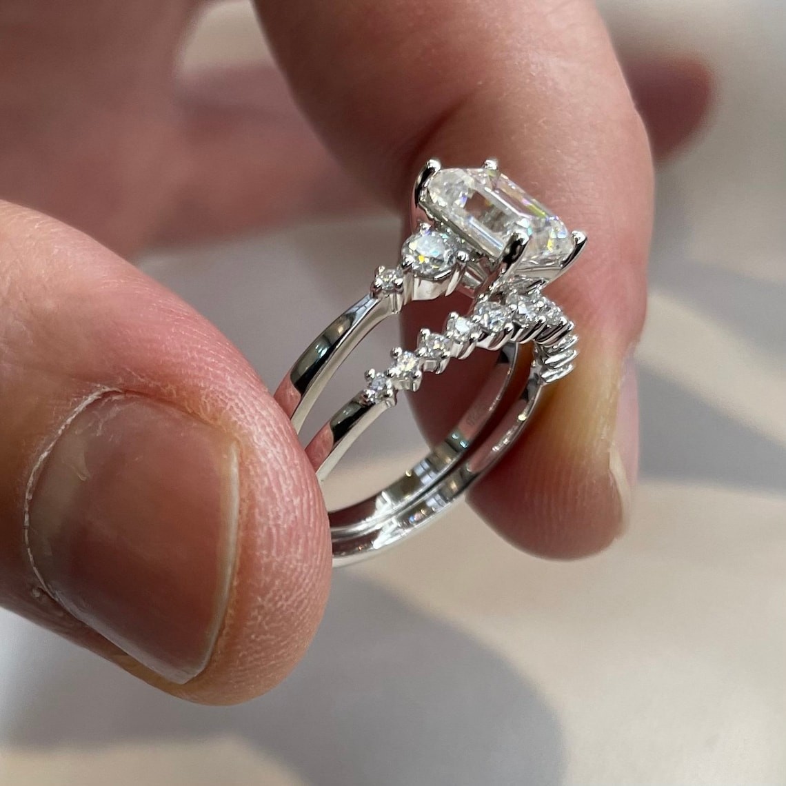 2 CT Emerald Cut Moissanite Wedding Bridal Ring Set Solid 14K White Gold For Her