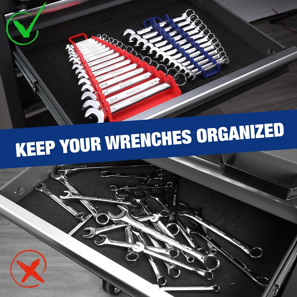 WORKPRO Magnetic Wrench Organizer 2PC 15-Slot&12-Slot Gripper Wrench Holder 4PCS