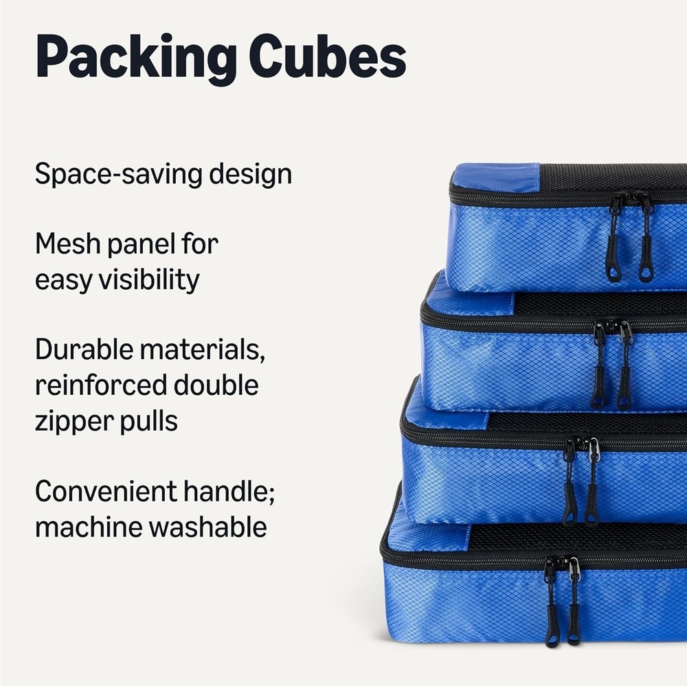AmazonBasics 4 Piece Packing Travel Organizer Cubes Set Blue