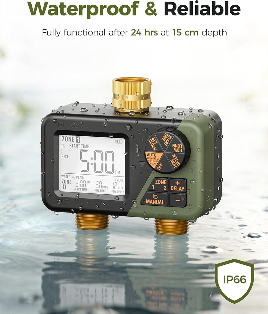 Brass Sprinkler Timer 2 Zone, IP66 Waterproof Programmable Water Hose Timer 2 Ou