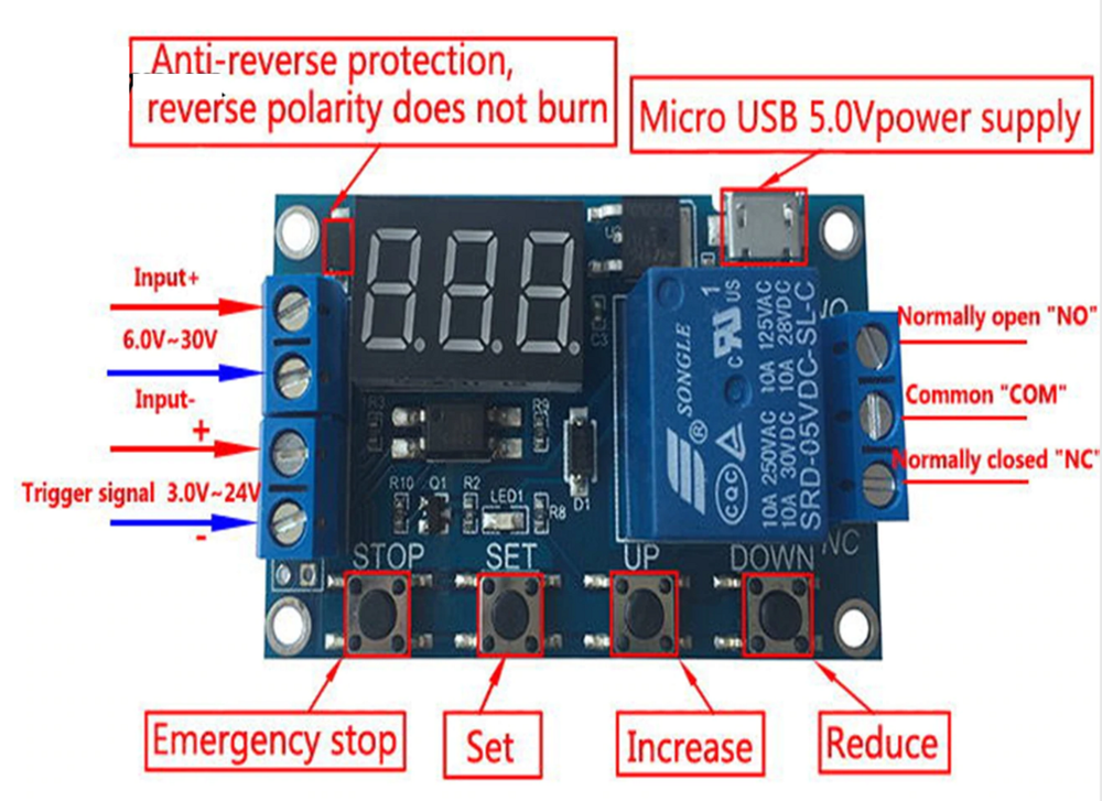 DC 6-30V Support Micro USB 5V LED Display Automation Cycle Delay Timer RELAY