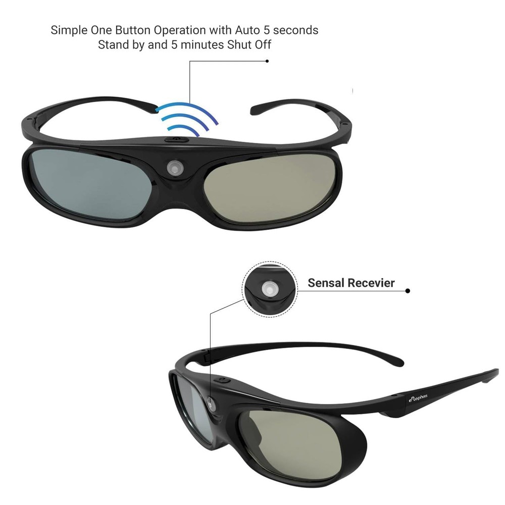 2 Pack DLP Link 3D Glasses for Projector, ELEPHAS 144Hz 2 Pack, Black