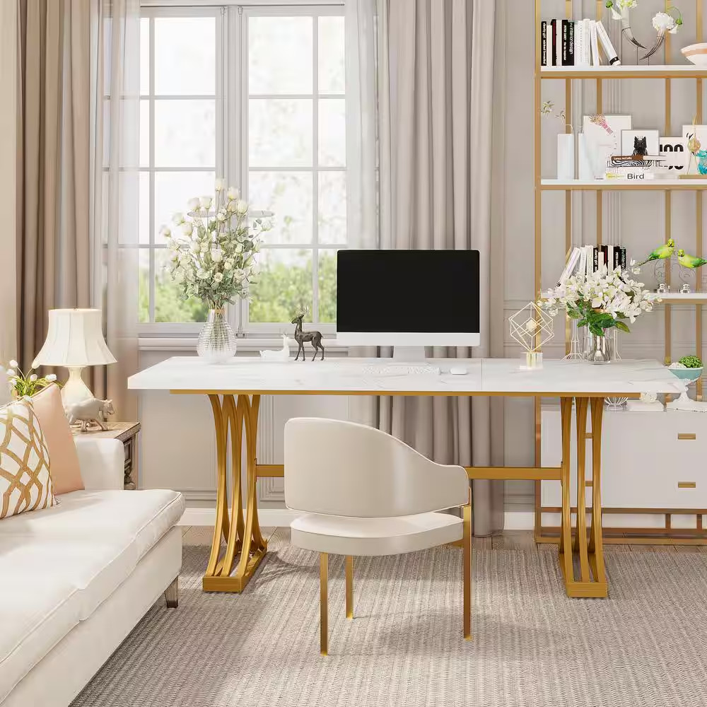 Moronia 63 In. Rectangular White and Gold Wood Computer Desk with Solid Metal Le