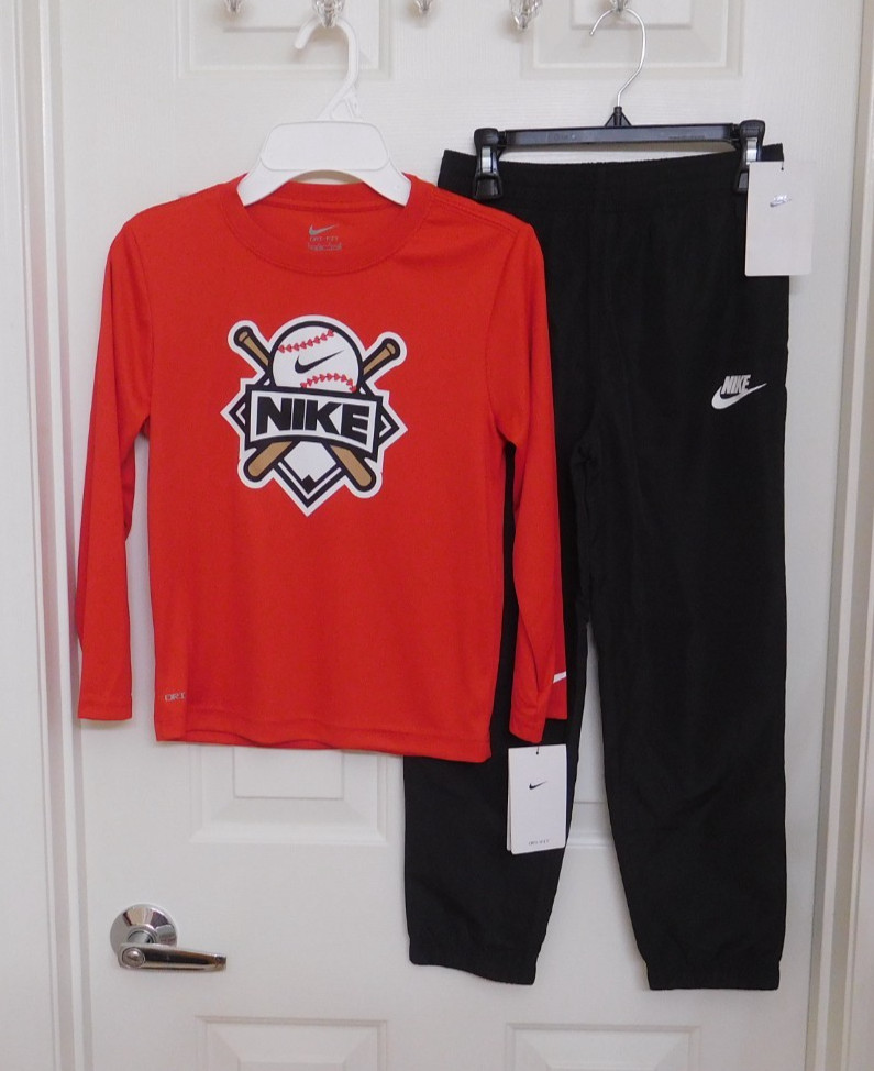 NWT 2pc Nike Red Baseball Shirt & Black Wind Pants Set sz 7