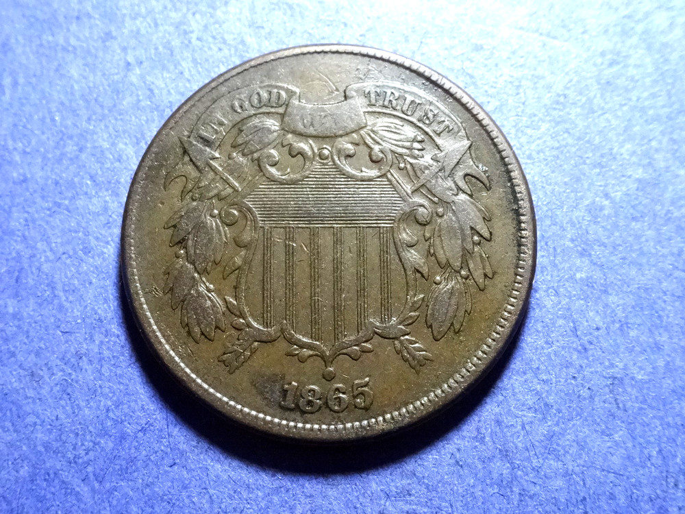 1865 Plain 5 Two Cent piece  VF