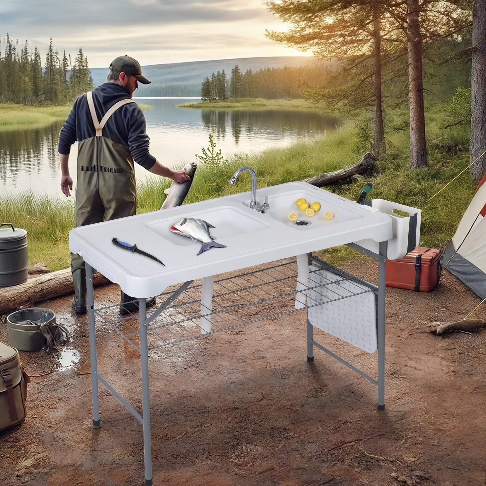 Fish Cleaning Table with Sink 42.6" Width Portable Folding Camping Table Patio