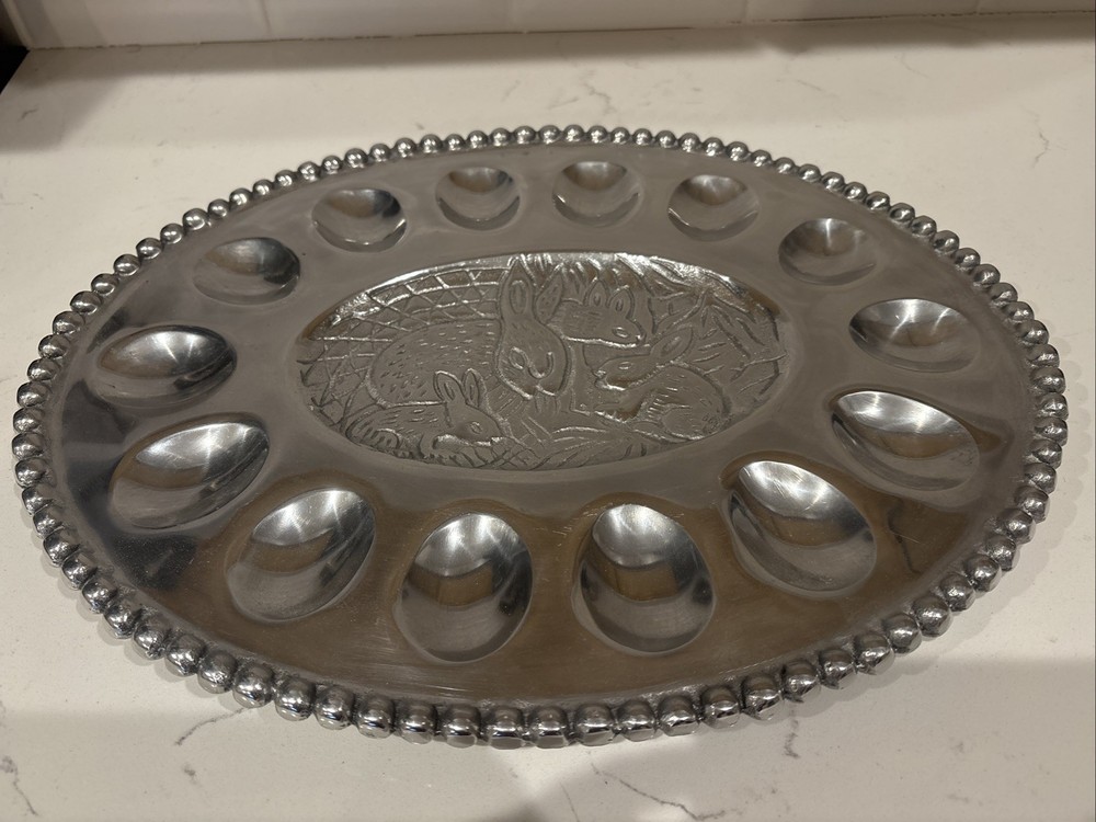 Oval Rabbit Deviled Egg Silver Tone Metal Platter Tray Beaded Trim