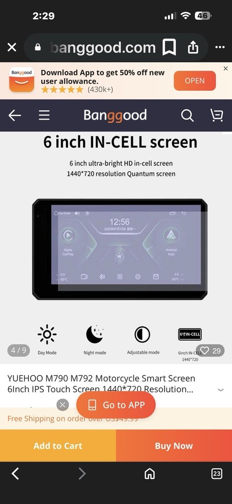 YueHoo Smart Motorcycle Display M792 W/camera And Mounting Hardware