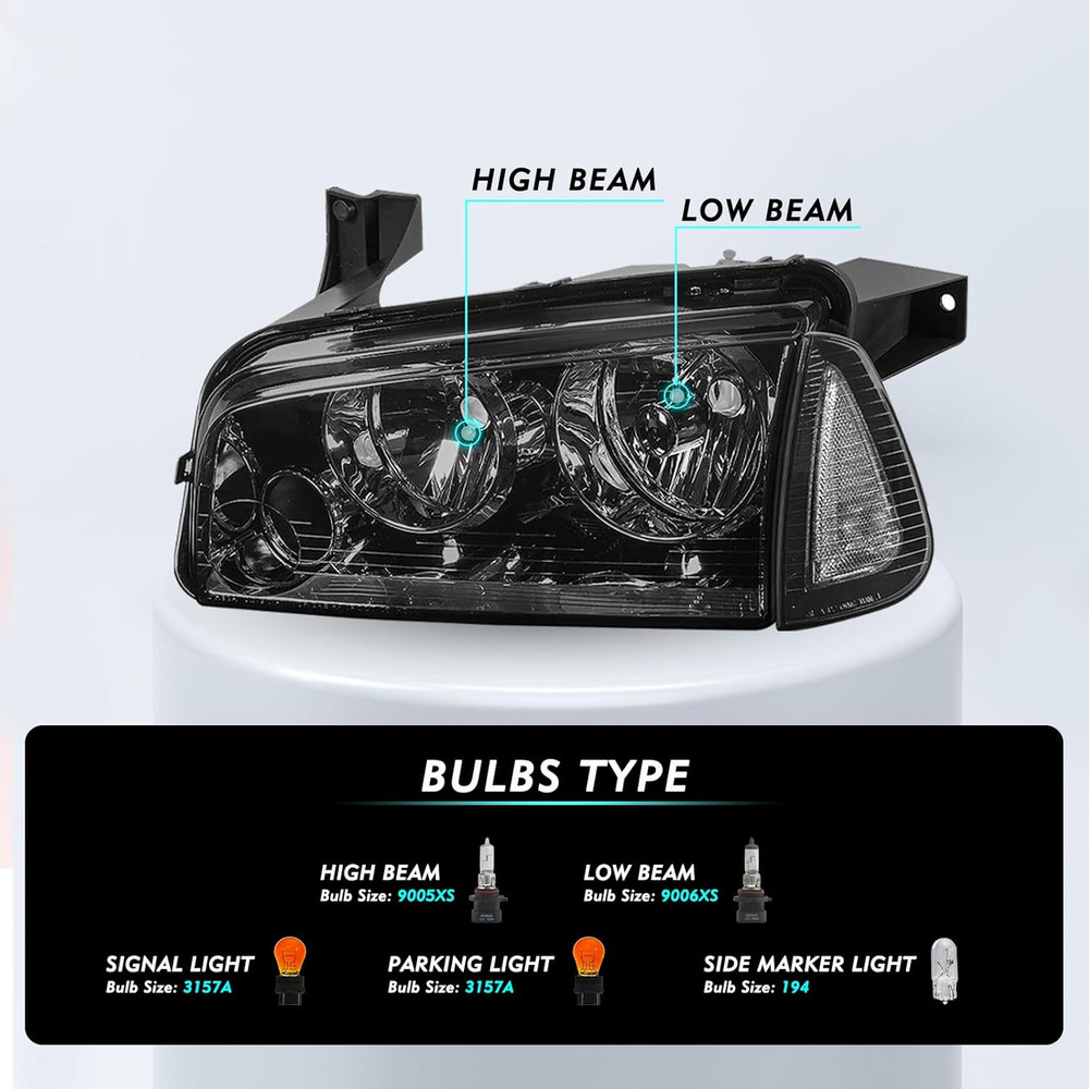 Halogen 4Pcs Headlight Assembly Set Replacement for 2006-2010 Dodge Charger Head