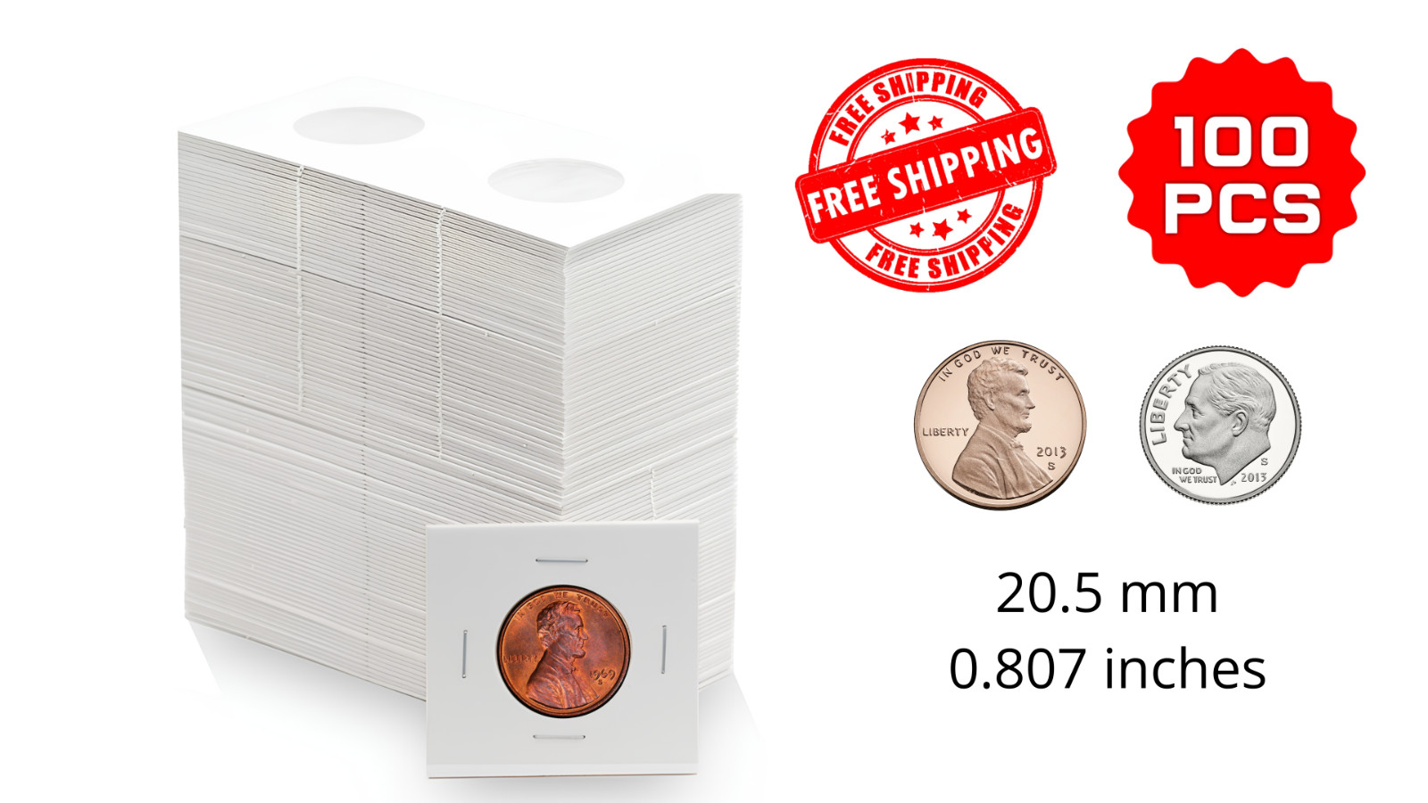 100PCS Cardboard Coin Holders 20.5mm 2"x2" Storage Flips for Pennies & Dimes