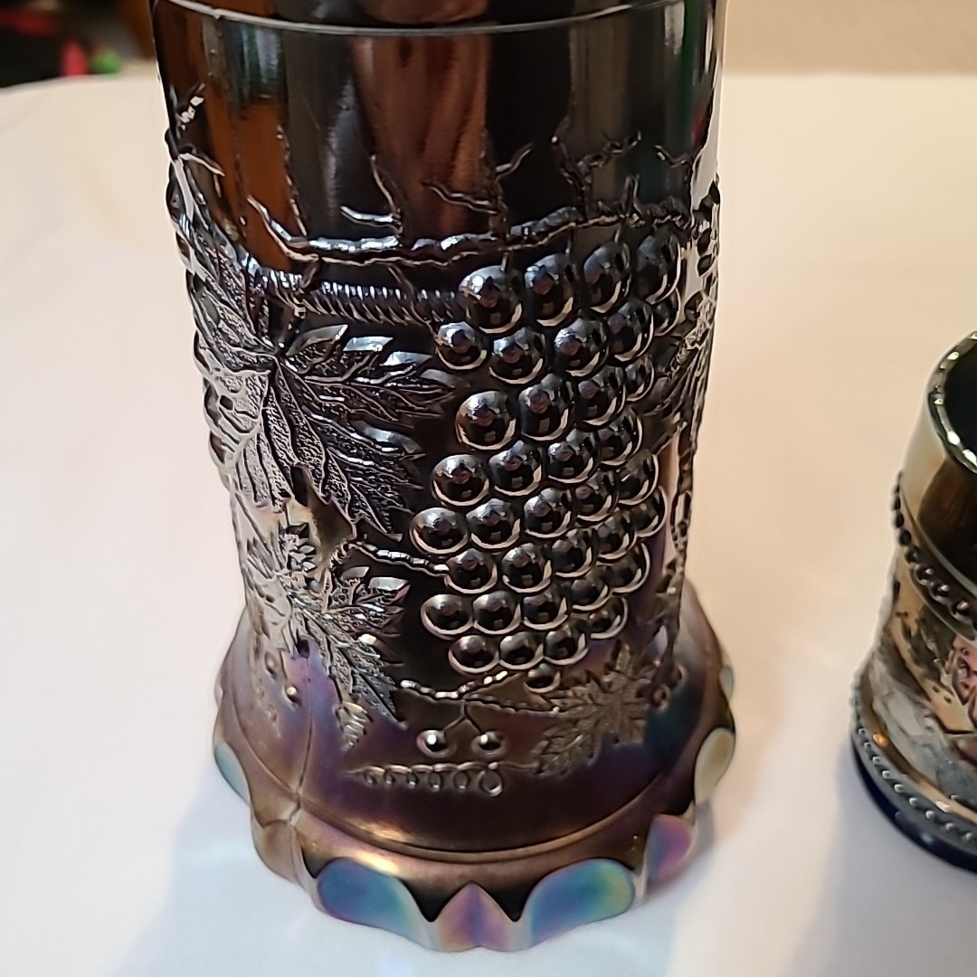 vtgNORTHWOOD CARNIVAL GLASS GRAPE & CABLE WHISKEY DECANTER & SHOT GLASS AMETHYST