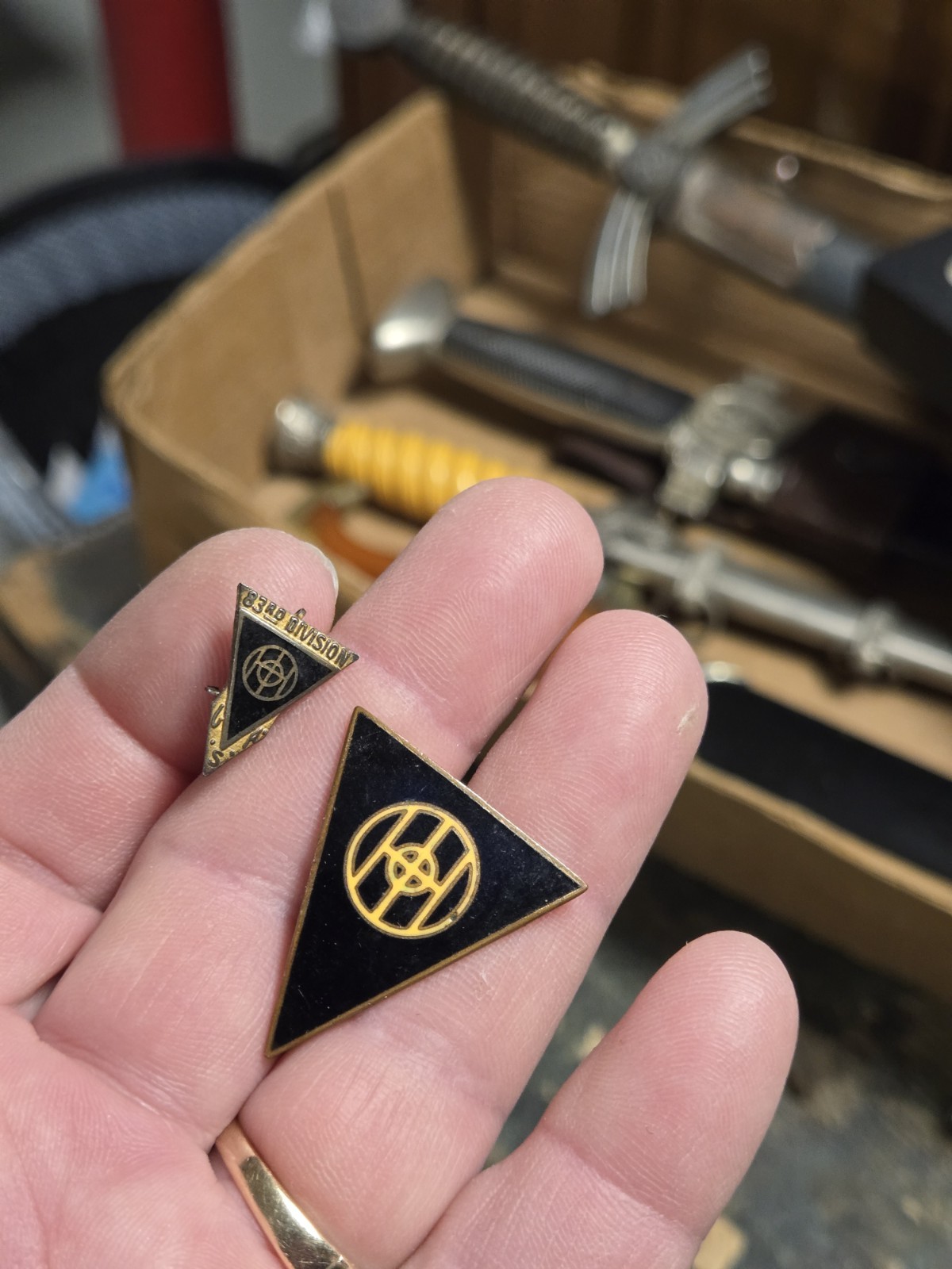 2 Vintage rare old WWII 83rd Infantry Division Thunderbolt DI Unit Crest Pin Lot