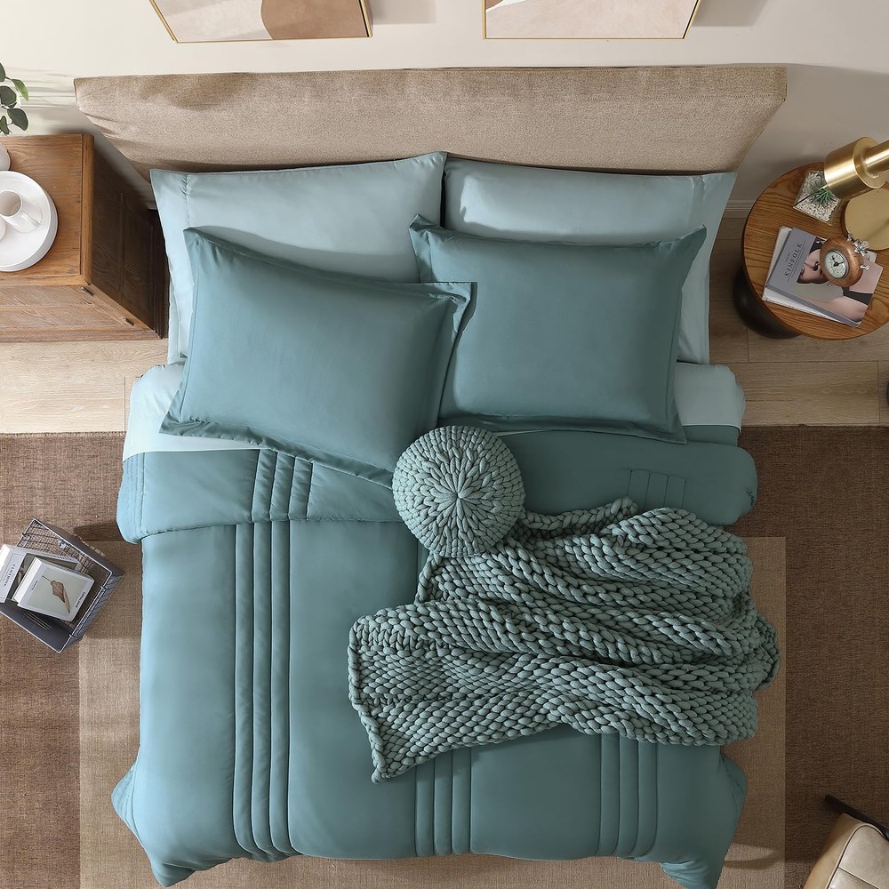 Comforter Set 7 Pieces Blue Green Solid 002 Monbix Queen Bedding Sets Comforters