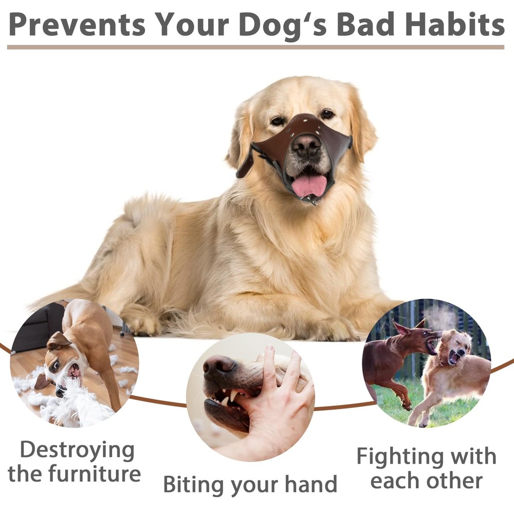 Dog Muzzle Leather, Soft Secure Anti-Barking Leather Muzzle for Medium Sized ...