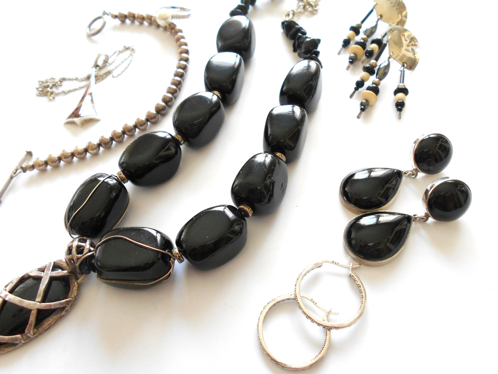 Lot of 7 Pieces Sterling Silver Onyx Amber Jewelry Lot #6 194 Grams