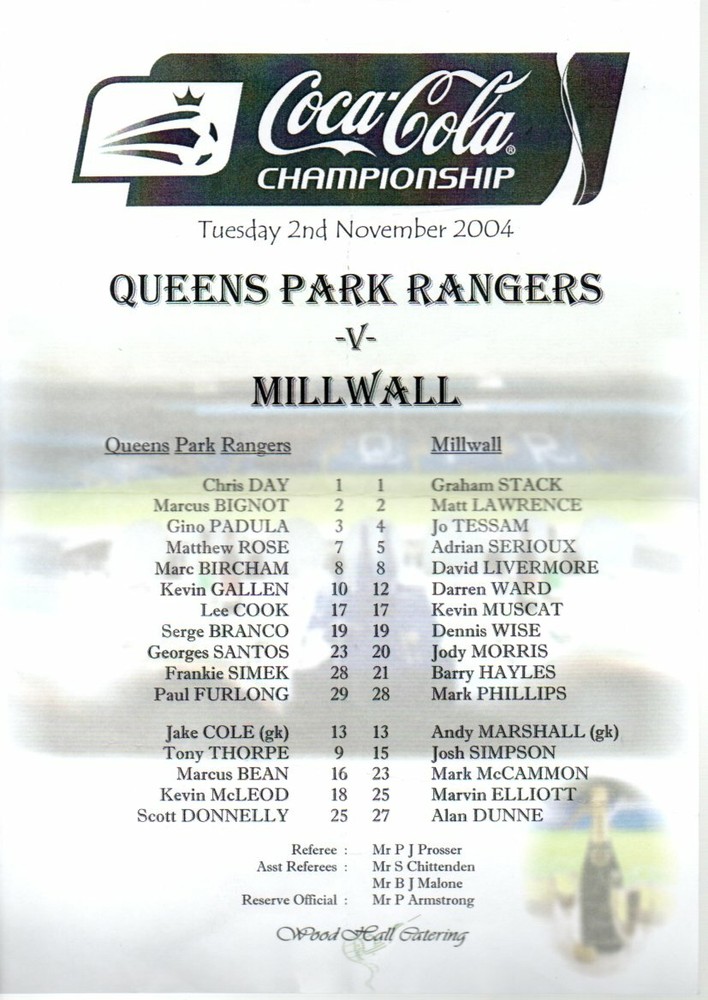 Team Sheet - QPR v Millwall 2.11.2004