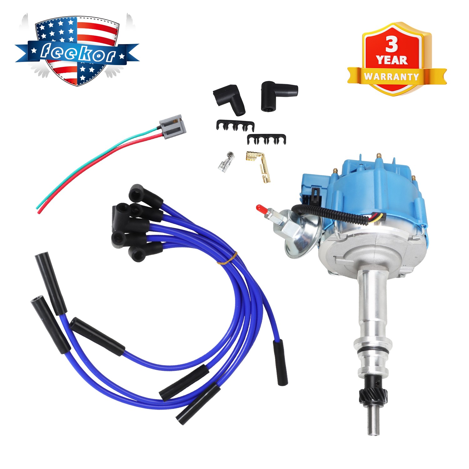 Hei Distributor Upgrade + 8mm Hd Plug Wires for Ford Inline 6 Cyl 170 200 250