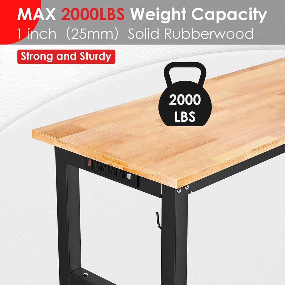 48" Heavy-Duty Workbench with Pegboard&Power Outlets Worktable 2000 LBS Capacity
