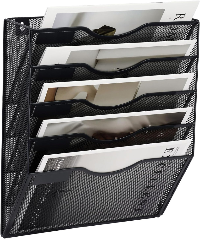 Wall File Organizer 5 Pocket Mesh Hanging Mail Holder Document Folder Rack Black