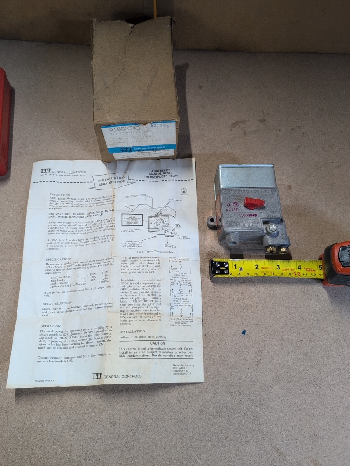 ITT General Controls, Thermopilot Relay, Manual Reset, SPST, A100G543