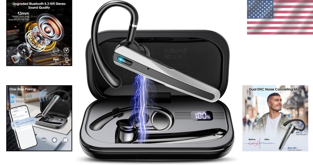 Single-Ear Wireless Headset with Active Noise Cancellation & Long Battery Life