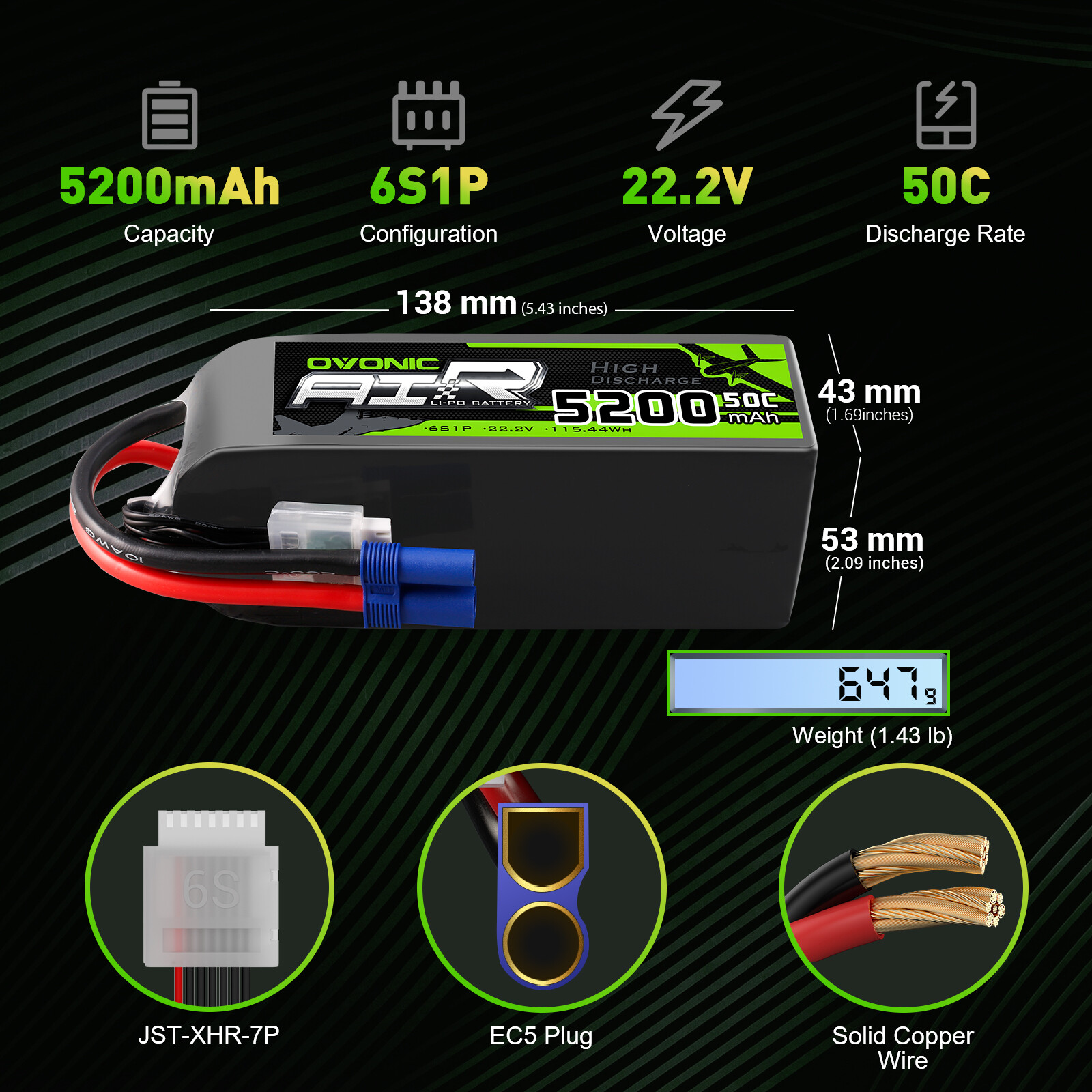 2x Ovonic 22.2V 50C 6S 5200mAh Lipo Battery EC5 for RC Car Truck Heli Jet Boat