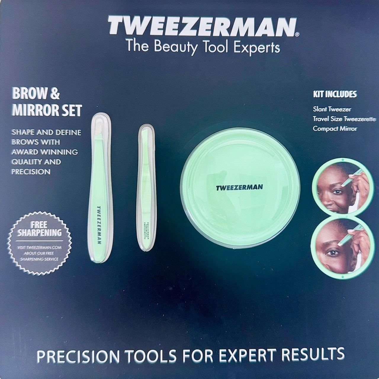 Tweezerman Brow Tweezer Set- Includes Slant Tweezer, Travel Tweezerette & Mirror