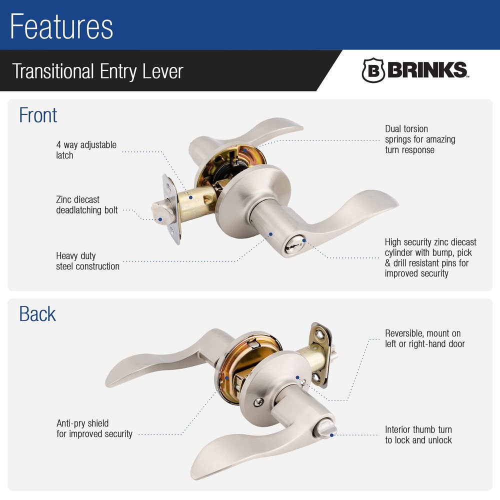 BRINKS – Transitional Keyed Entry Wave Door Lever, Satin Nickel - Designed