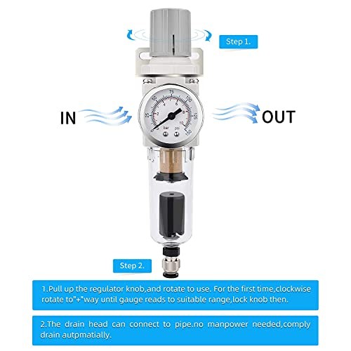 Compressed Air Filter Regulator Combo 1/4" NPT Auto Drain, Metal Coupler&Plug