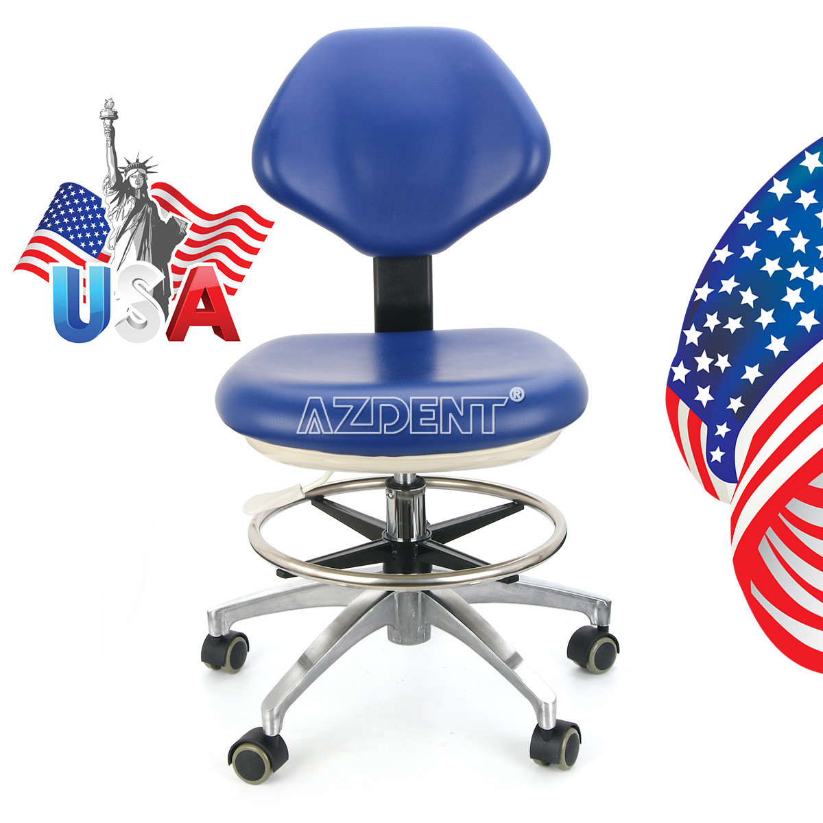 Dental PU Leather Adjustable Stool Doctor Chair Hydraulic Rolling Stool Blue UPS
