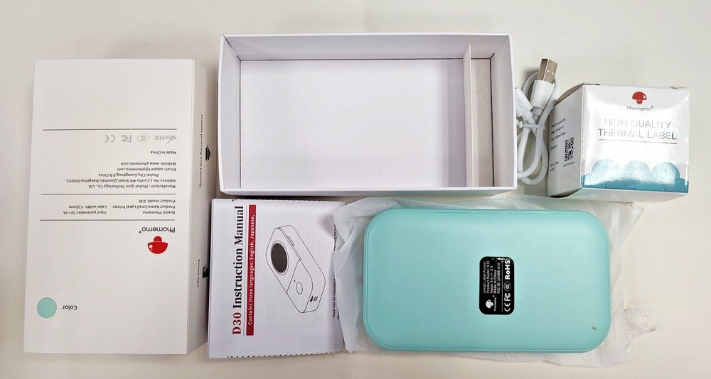 New Open Box Phomemo D30 Mint Green Thermal Printer And Labels